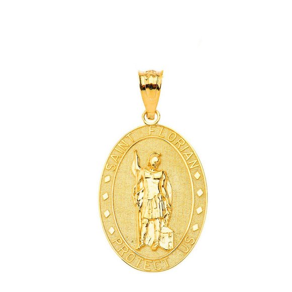 Solid 10k Gold St. Saint Florian Protect Us Pendant - Yellow, Rose, White Gold